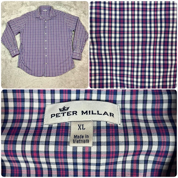 Peter Millar Long Sleeve Lightweight Button Down Shirt Checked‎ Blue Pink XL - Picture 1 of 9